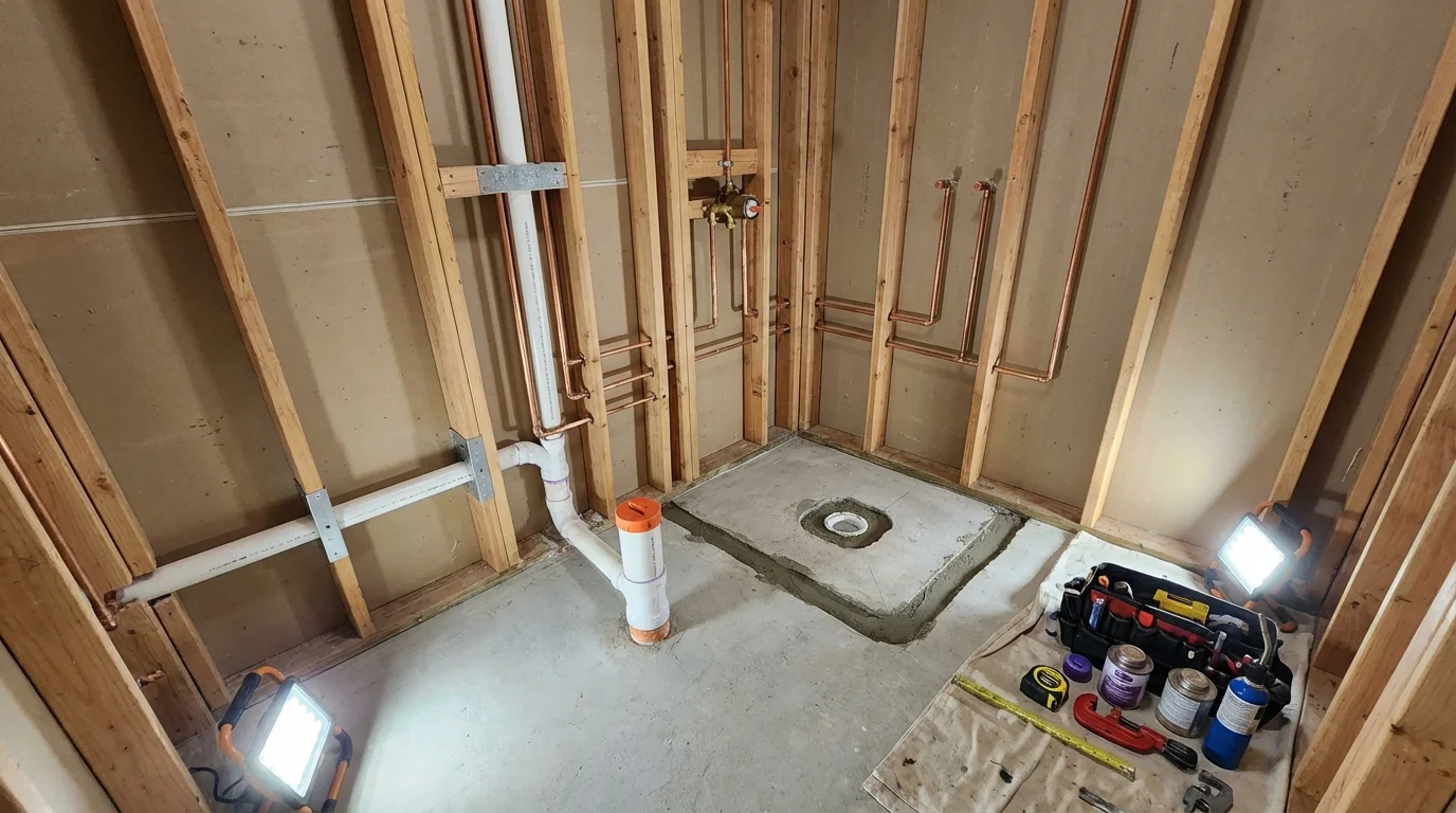 Bathroom rough-in plumbing during remodel by Johns Plumbing LLC in Cleves