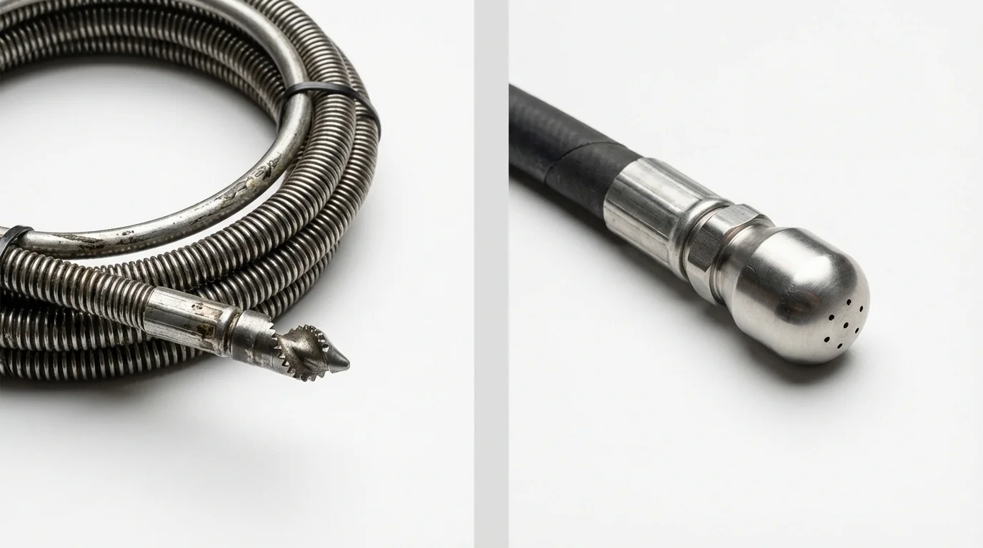 Drain snake cable and hydro jetting nozzle used for drain cleaning in Cleves, OH