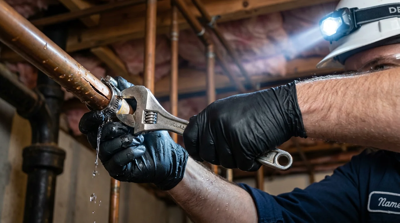 Emergency pipe clamp repair being performed by a Johns Plumbing LLC plumber in Cleves