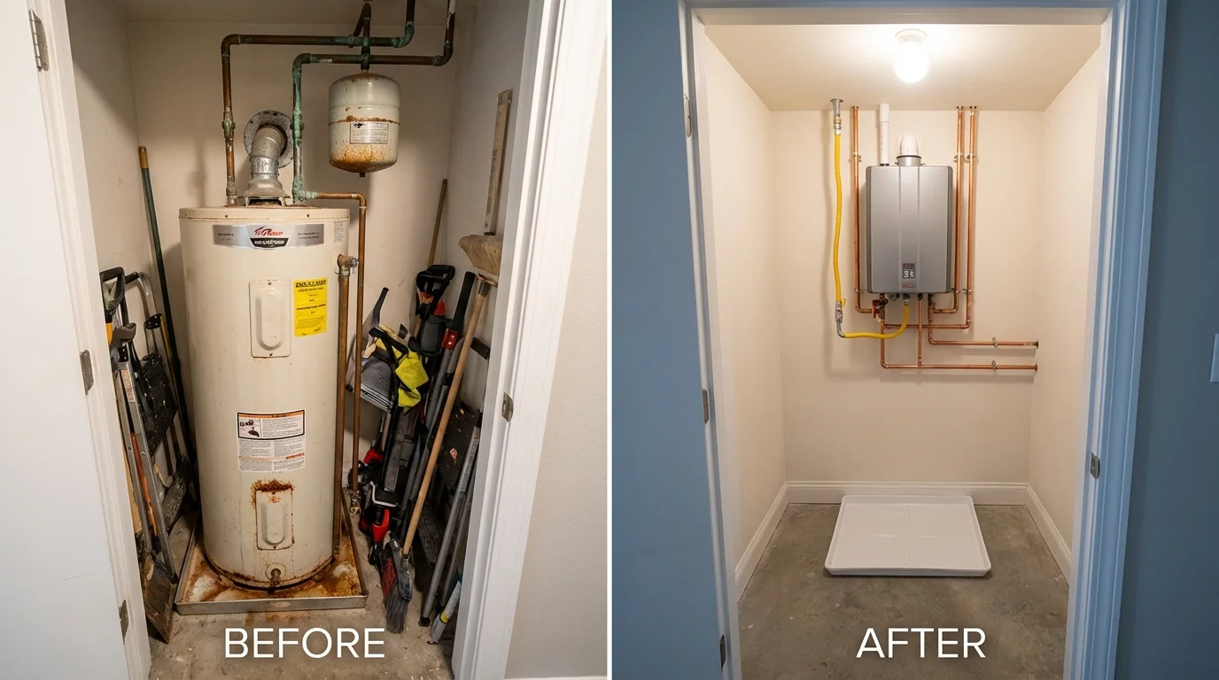 Tank water heater versus wall-mounted tankless unit comparison for Cleves, OH homeowners