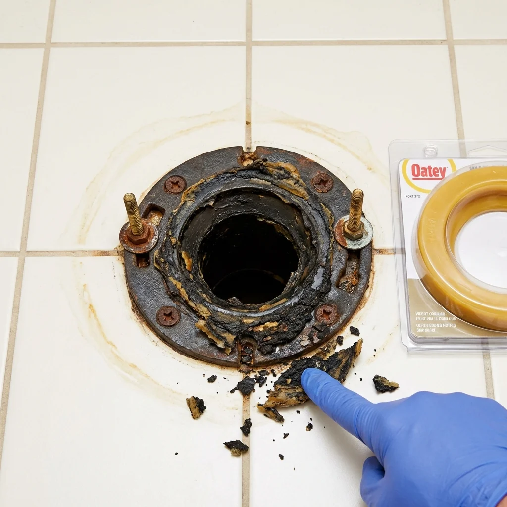Failed wax ring showing water seepage at the base of a toilet in a Cleves, OH home