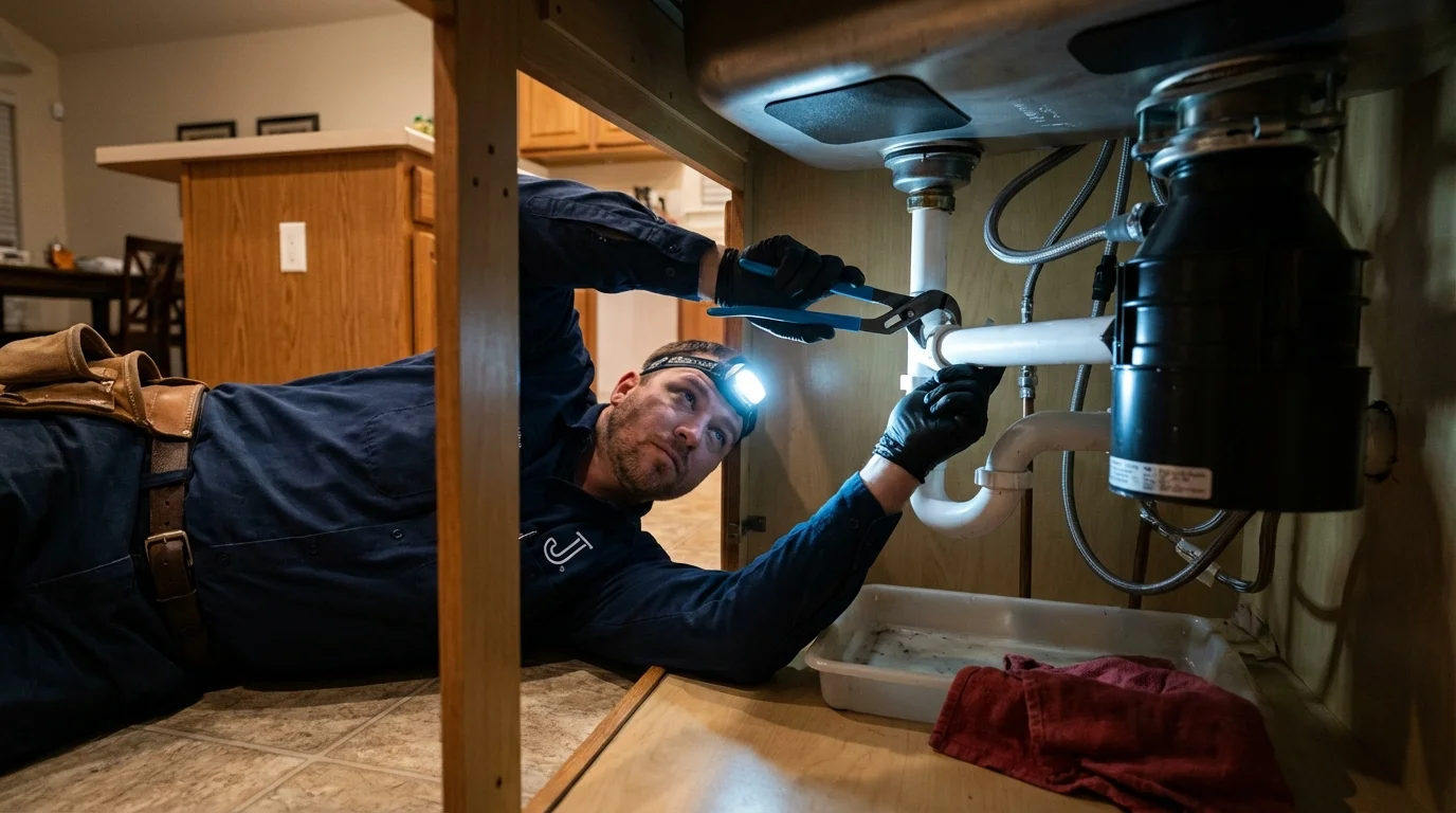 P-trap and supply line connections under a kitchen sink showing a common leak point in Cleves, OH